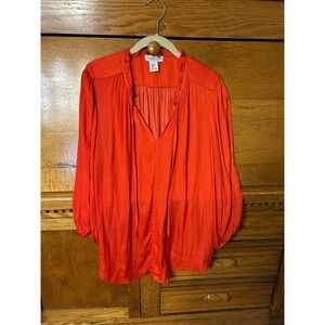 Rachel Zoe Womens XL Red Orange Peasant Blouse Ruffle V-Neck Tie Lantern Sleeve
